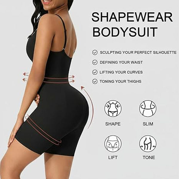 Black camisole shapewear bodysuit designed for tummy control and thigh toning.