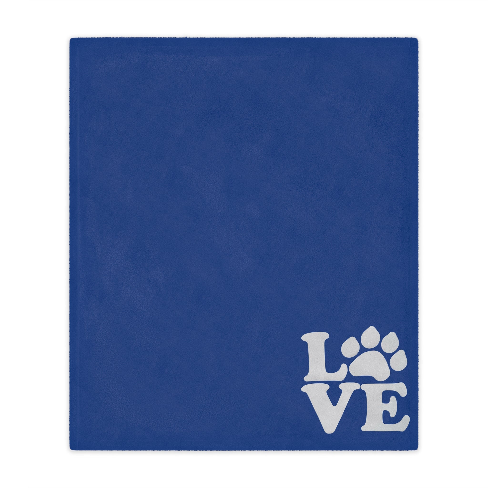 Blue towel with 'LOVE' and paw print design on a white background