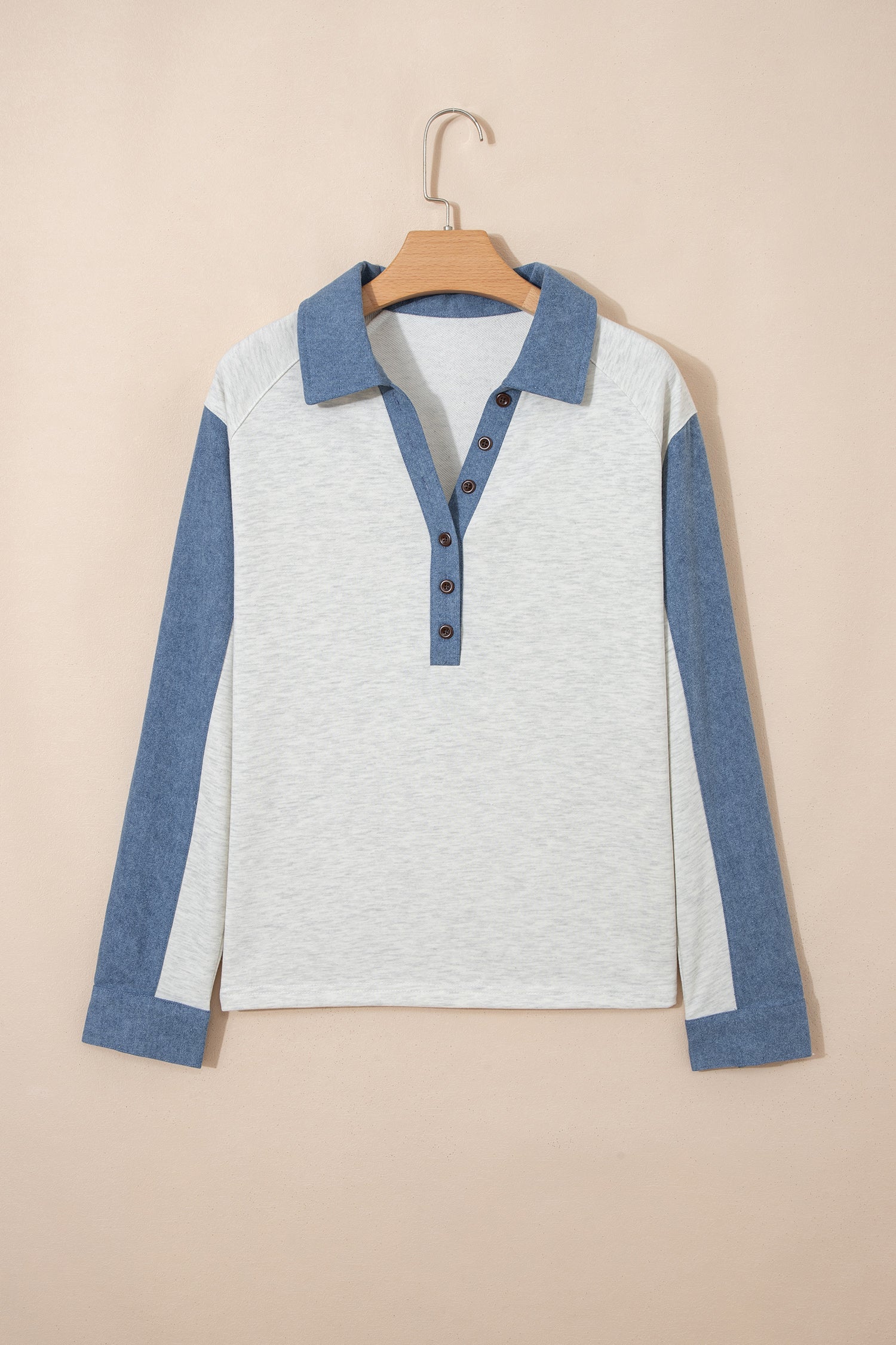 Long sleeve denim patchwork polo shirt with colorblock design.