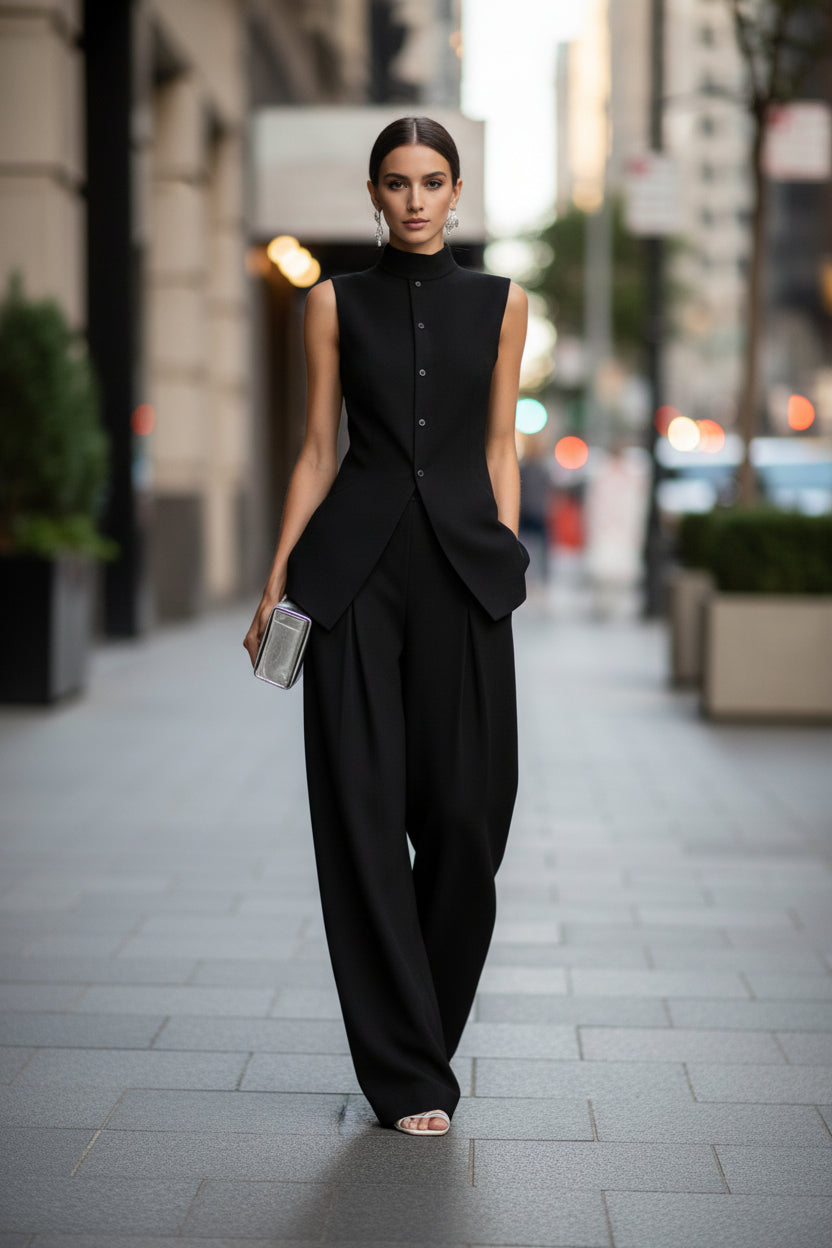 A woman wearing a two-piece solid color set with a sleeveless high-neck top and wide-leg trousers.