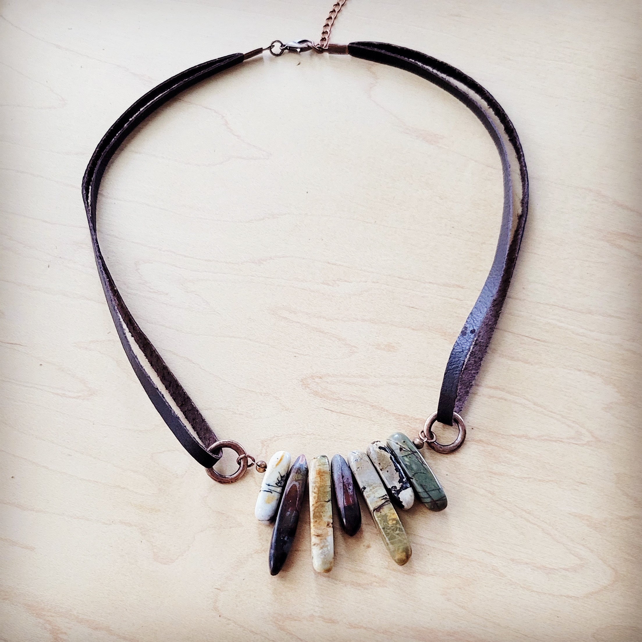 Picasso Jasper Stone Collar Necklace w/ Genuine Leather Cord 261f