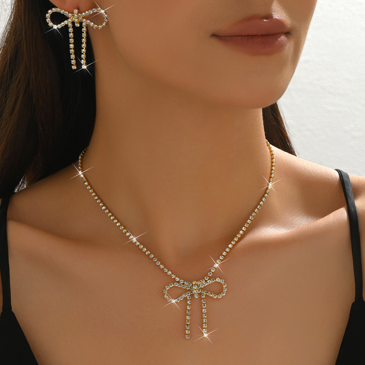 Women Bow Rhinestone Necklace And Earrings Set,Exaggerated Trendy Bridal Costume Accessories For Banquet Party Occasion