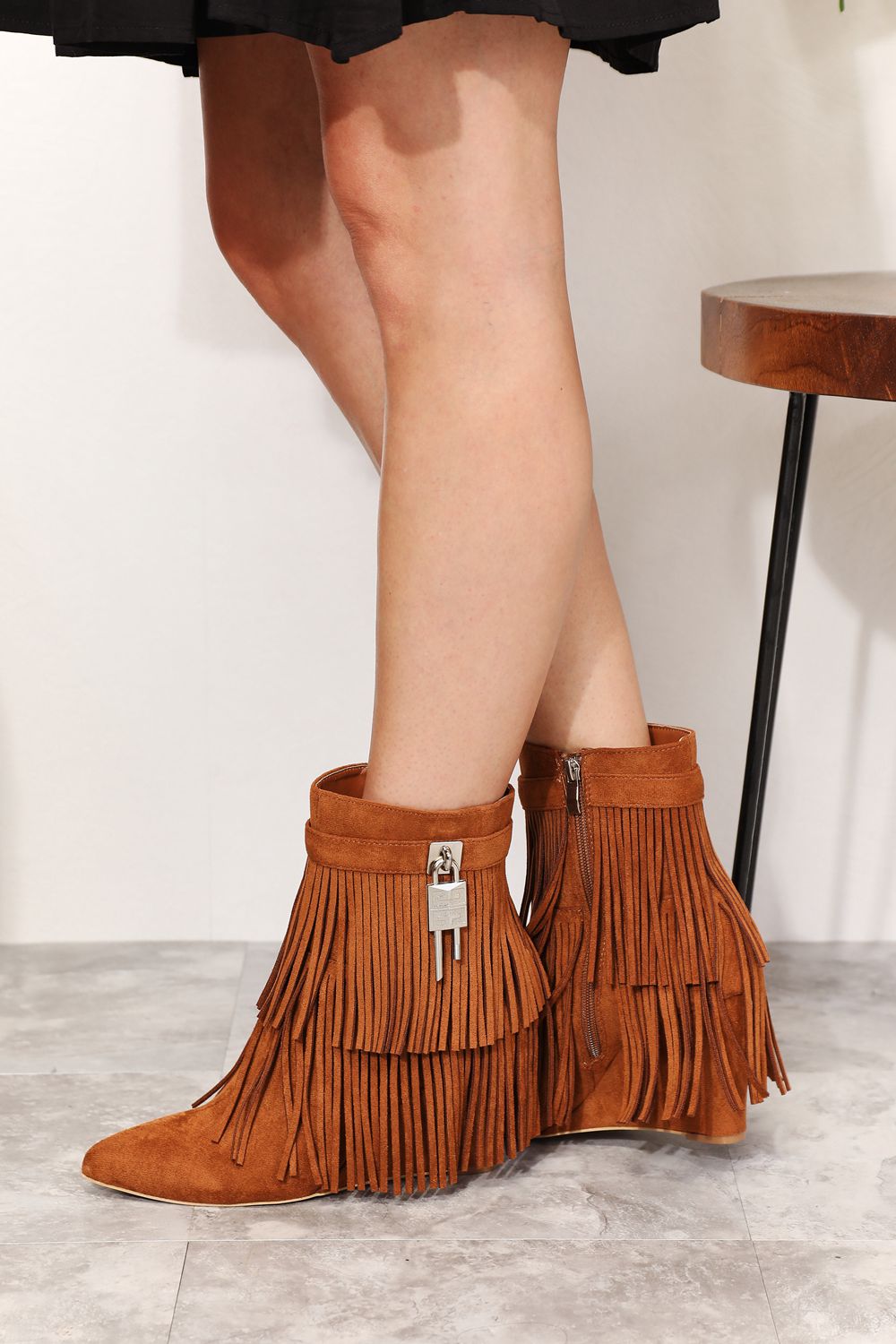 Women's Brown Tassel Wedge Ankle Booties Pointy Toe Vegan Suede