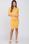 Yellow Ribbed Square Neck Puff Short Sleeve Maternity Dress for pregnant women
