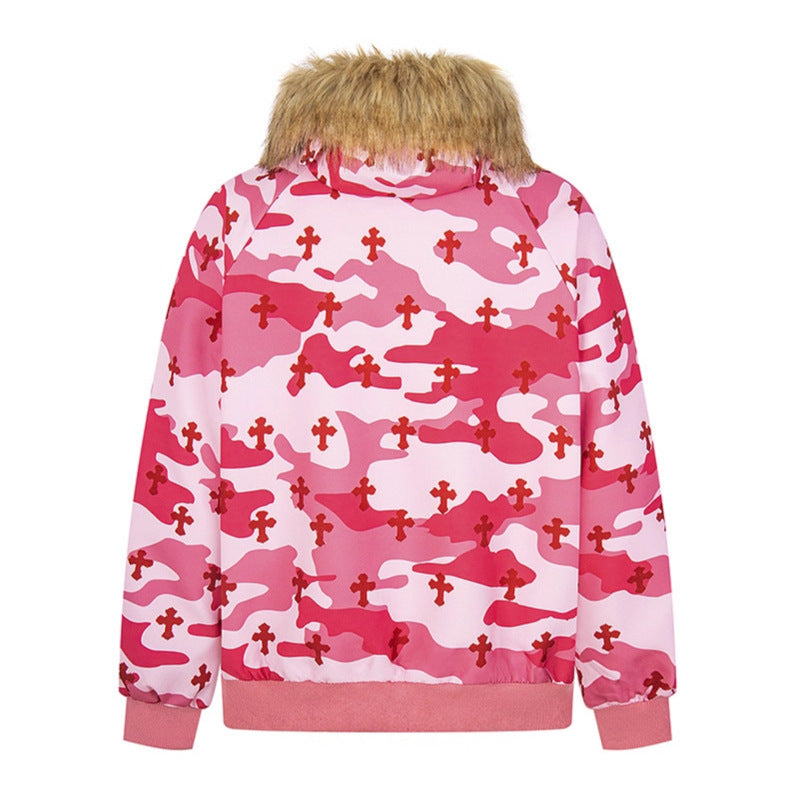 Women's Camouflage Cross Pattern Fur-Collar Hooded Zip-Up Jacket - Image 4