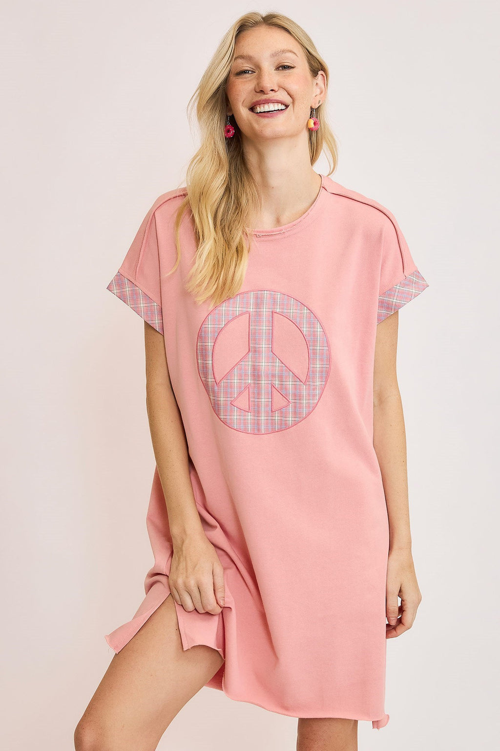 Pink and White Plaid Applique Short Sleeve Mini Dress