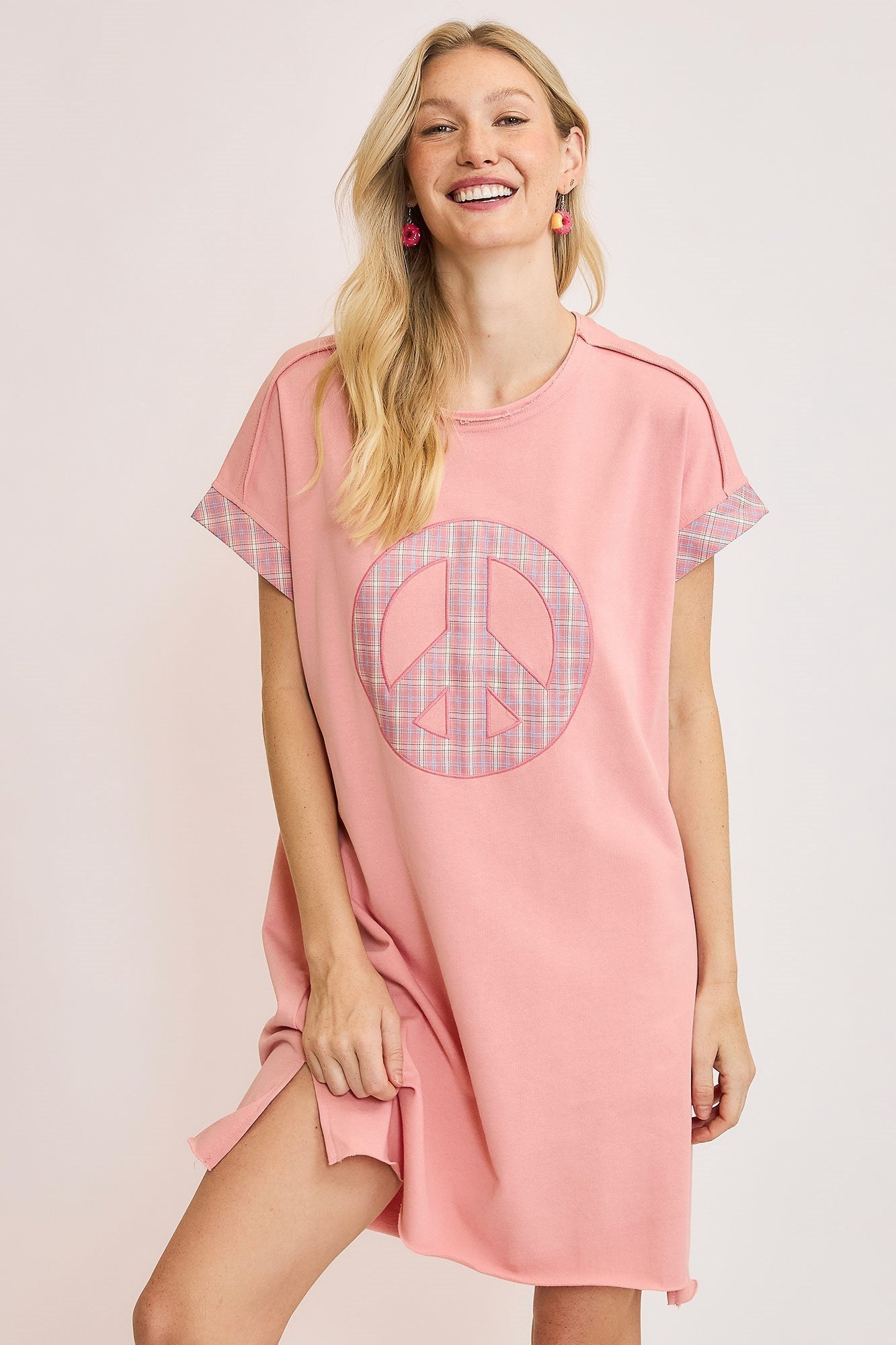 Pink and White Plaid Applique Short Sleeve Mini Dress