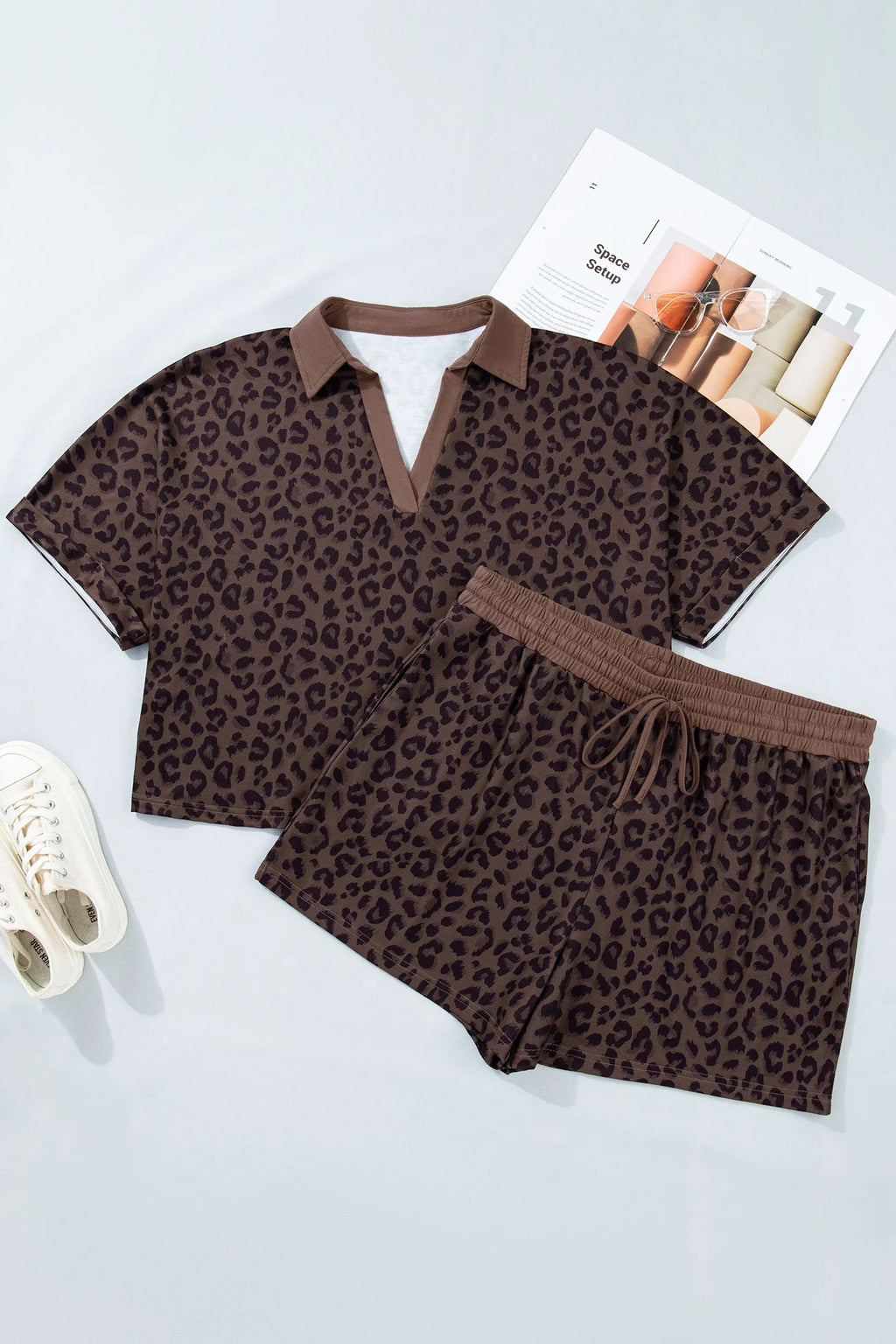 Leopard Print Collared Top and Drawstring Shorts Set - Image 2