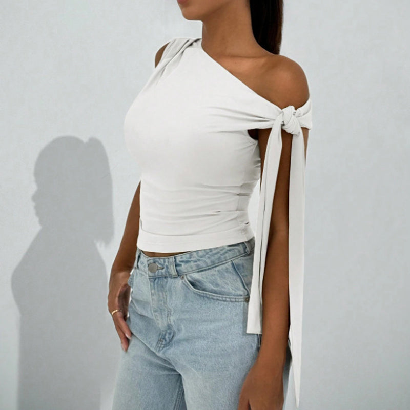 White One-Shoulder Asymmetrical Tie-Shoulder Going Out Party Top