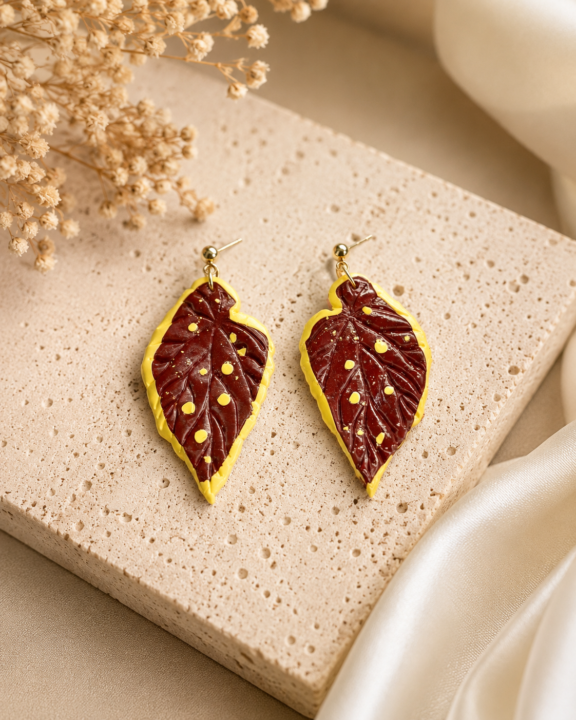 Handmade Begonia Darthvaderiana Green Spot polymer clay earrings with stainless steel posts