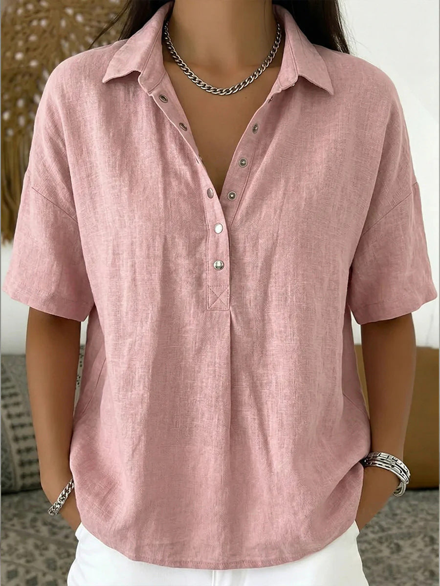 Women's Linen Short Sleeve Button Pullover Shirt