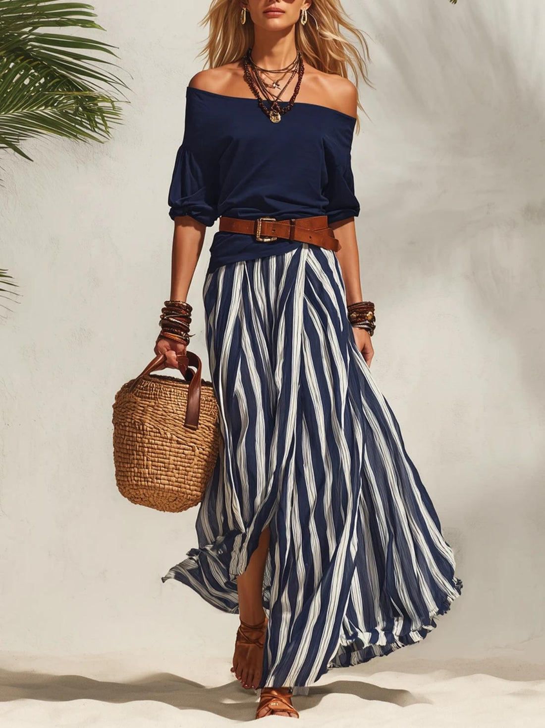 Women Off-Shoulder Top and Striped Slit Maxi Skirt Set