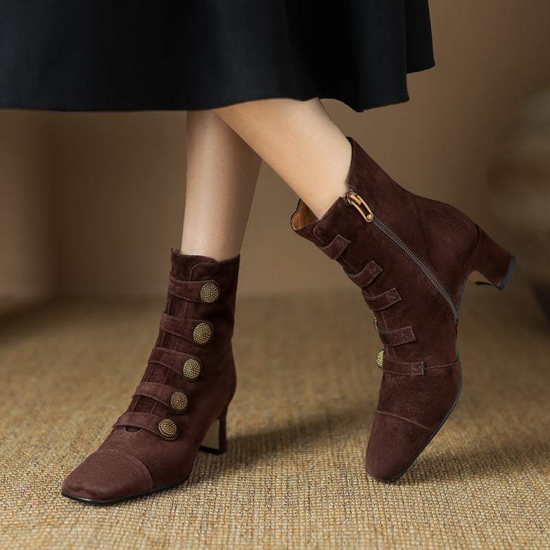 Women's Retro Brown Suede Button Detail Chunky Heel Ankle Boots - Image 4