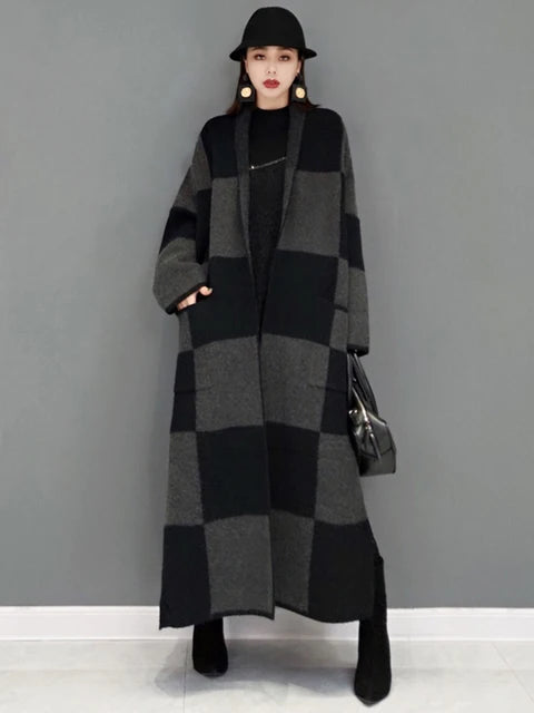 Women's Harajuku Plaid Knitted Longline Coat - Vintage Style - Image 7