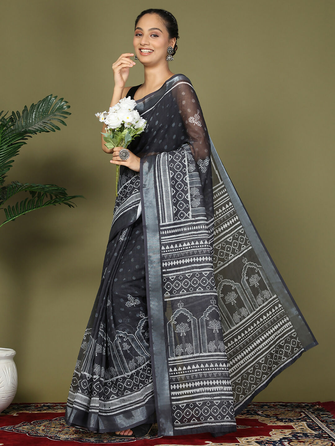 Black Cotton Saree with Matching Blouse