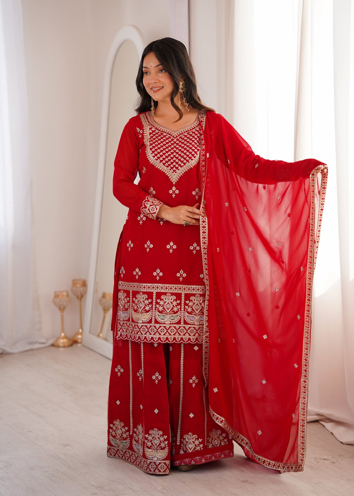 Red Faux Georgette Kurta Sharara set with intricate embroidery and sequence work