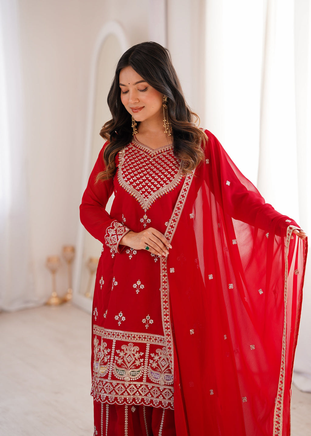 Red Faux Georgette Kurta Sharara Set with Embroidery and Sequence