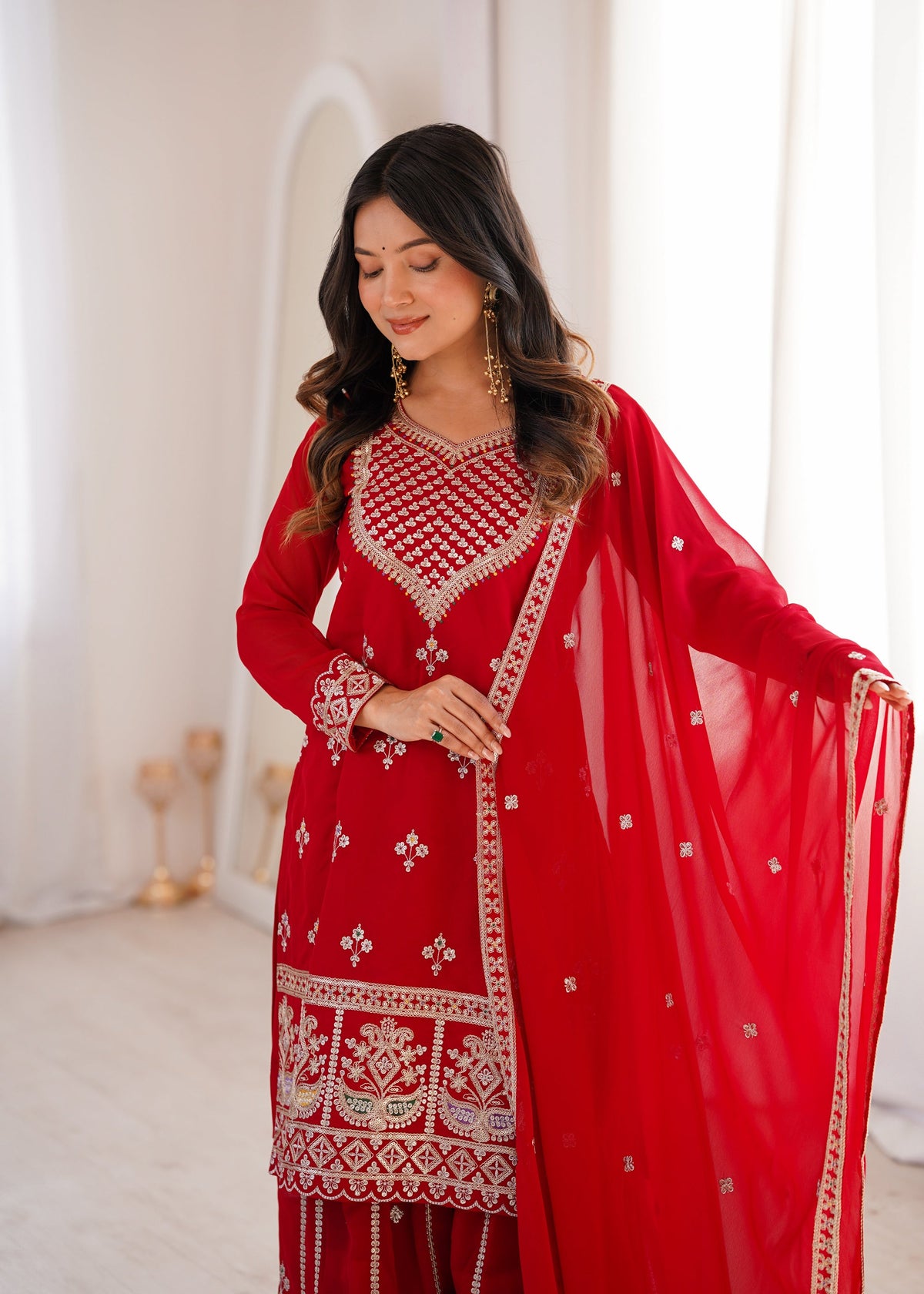 Red Faux Georgette Kurta Sharara Set with Embroidery and Sequence