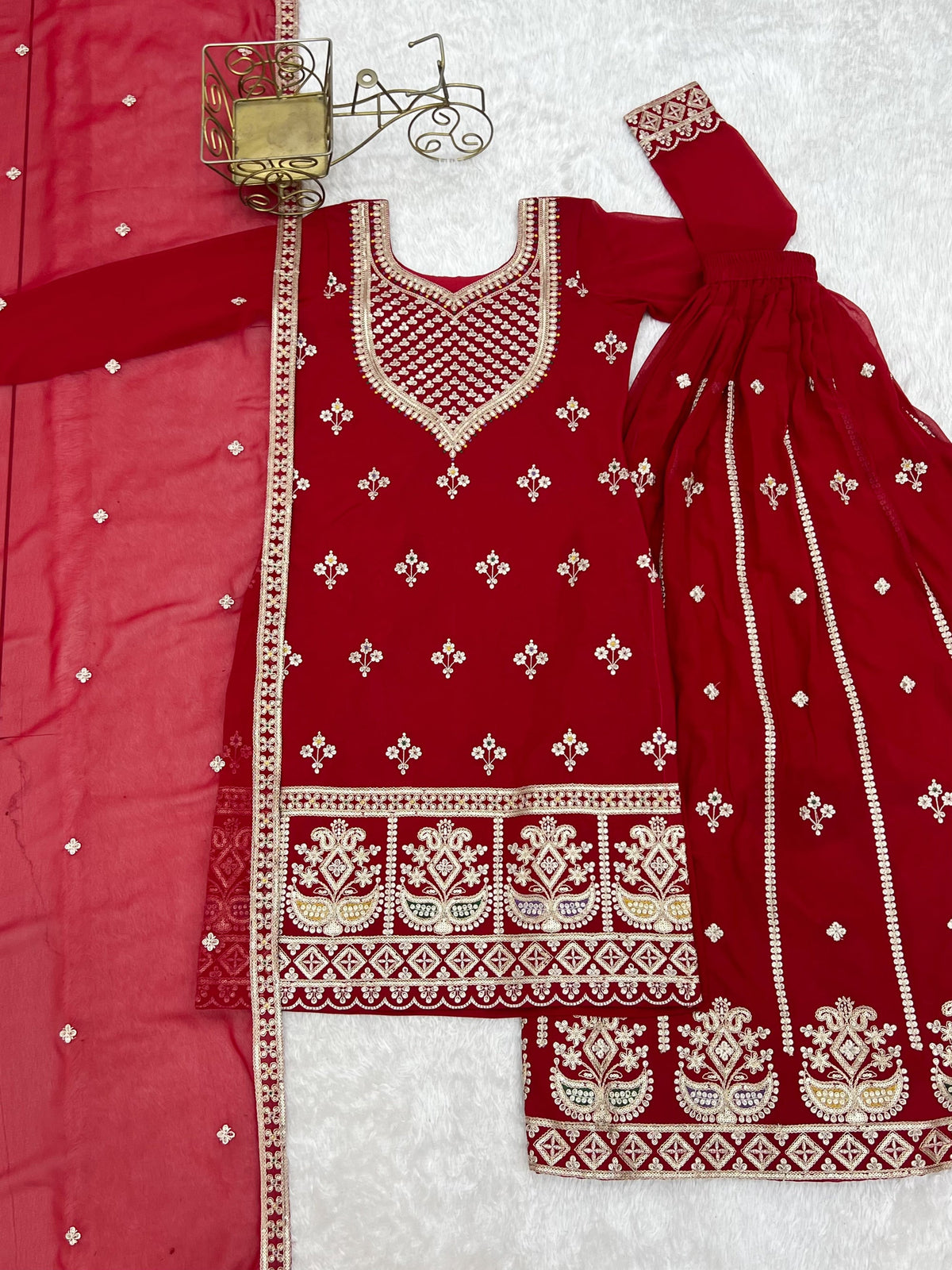 Red Faux Georgette Kurta Sharara Set with Embroidery and Sequence