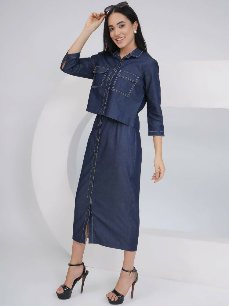 Black Cotton Denim Pencil Skirt Set with Matching Jacket