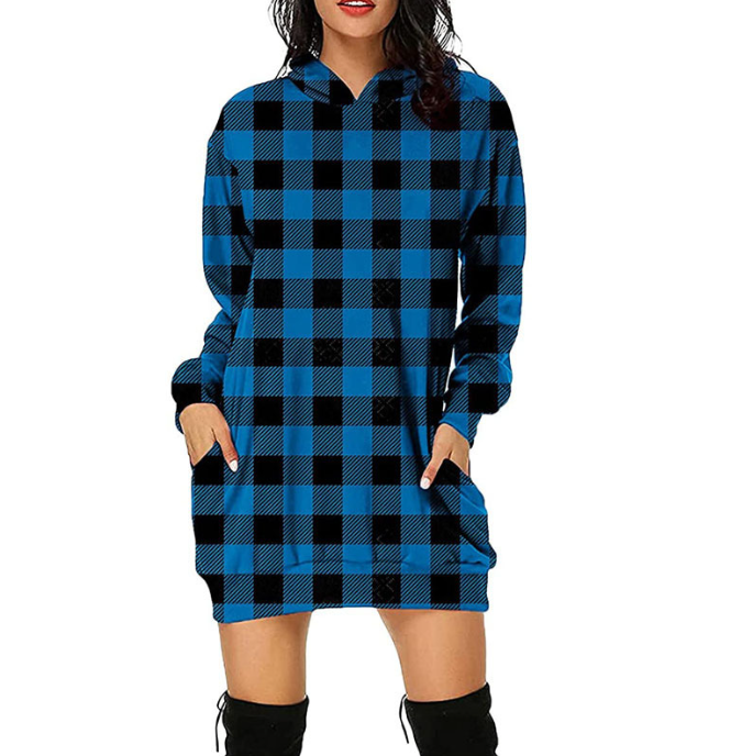 Women's Hooded Long Sleeve Plaid Sweatshirt