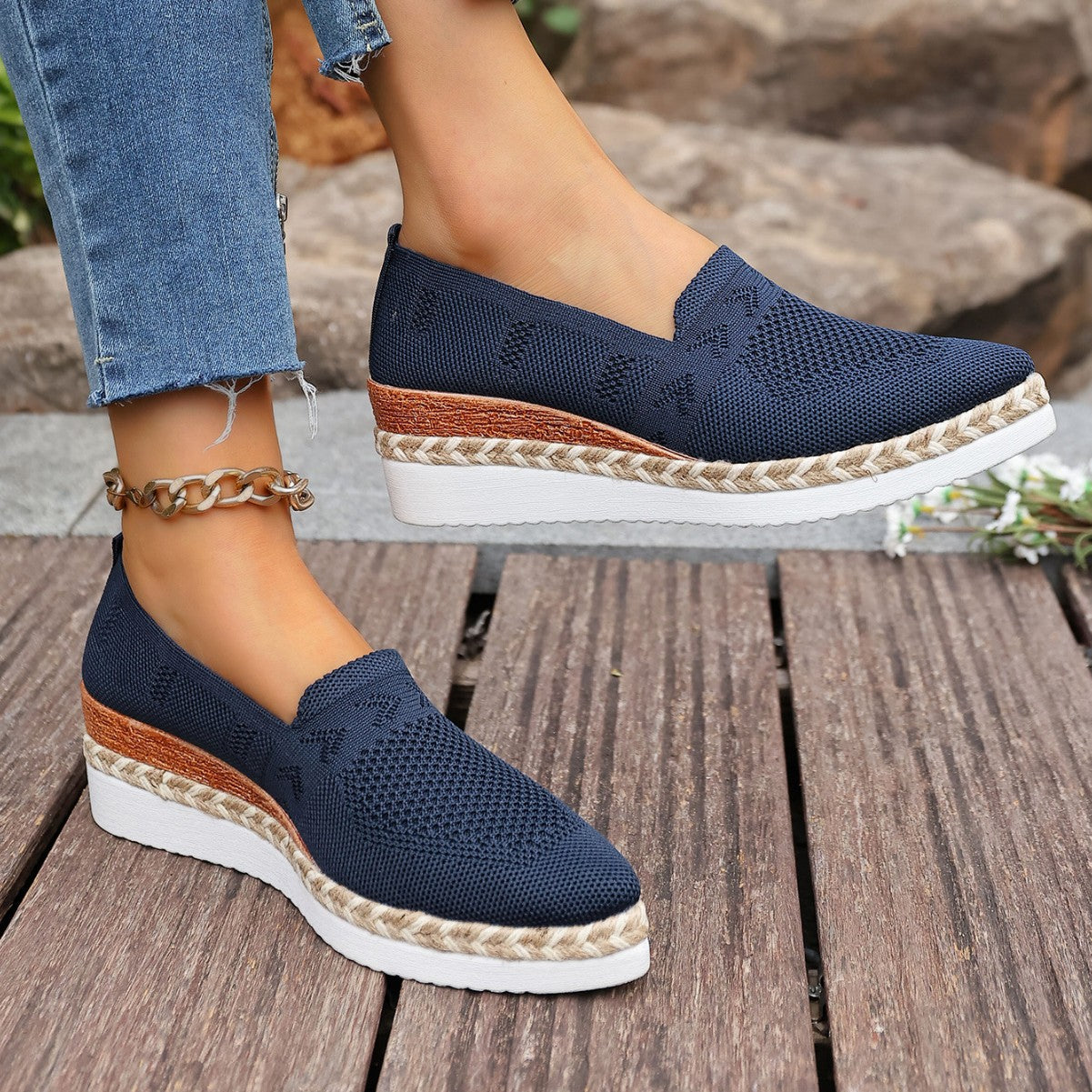 Women's Navy Knit Platform Slip-On Loafers with Espadrille Sole - Image 3
