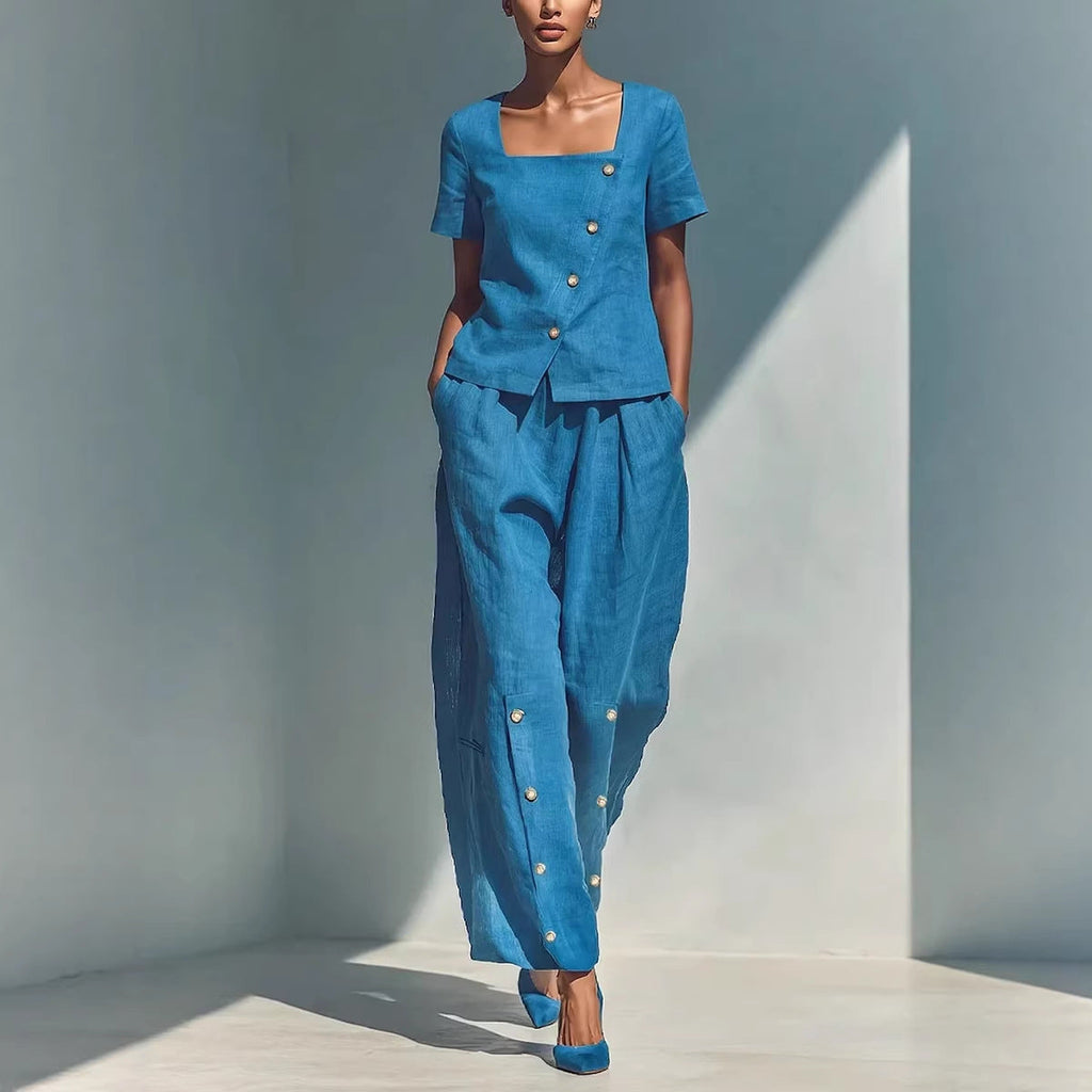 Women's Short Sleeve Square Neck Top and Buttoned Pant Set - Image 5