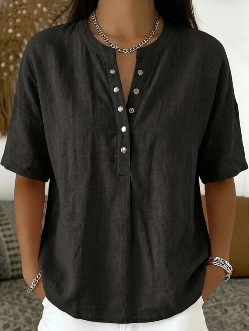 Women's Loose-Fit Short-Sleeve Henley Pullover Top - Image 7