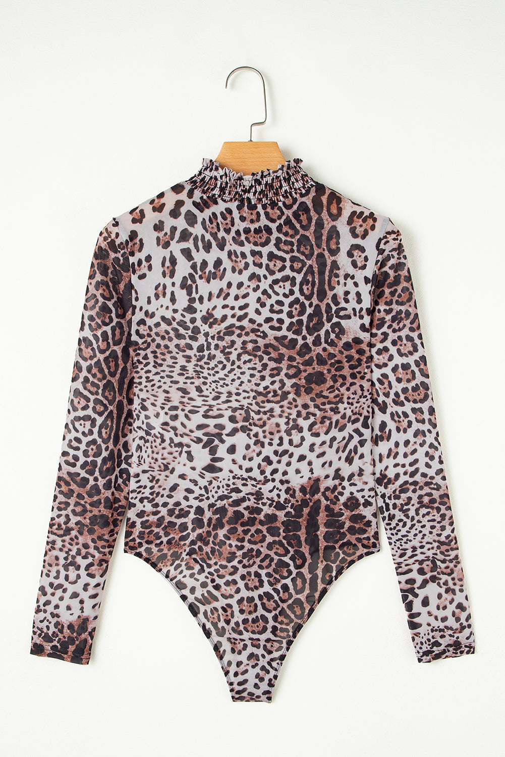 Leopard Mesh Smocked Neck Long Sleeve Bodysuit
