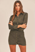 Olive green front ruched button-down bodycon mini shirt dress
