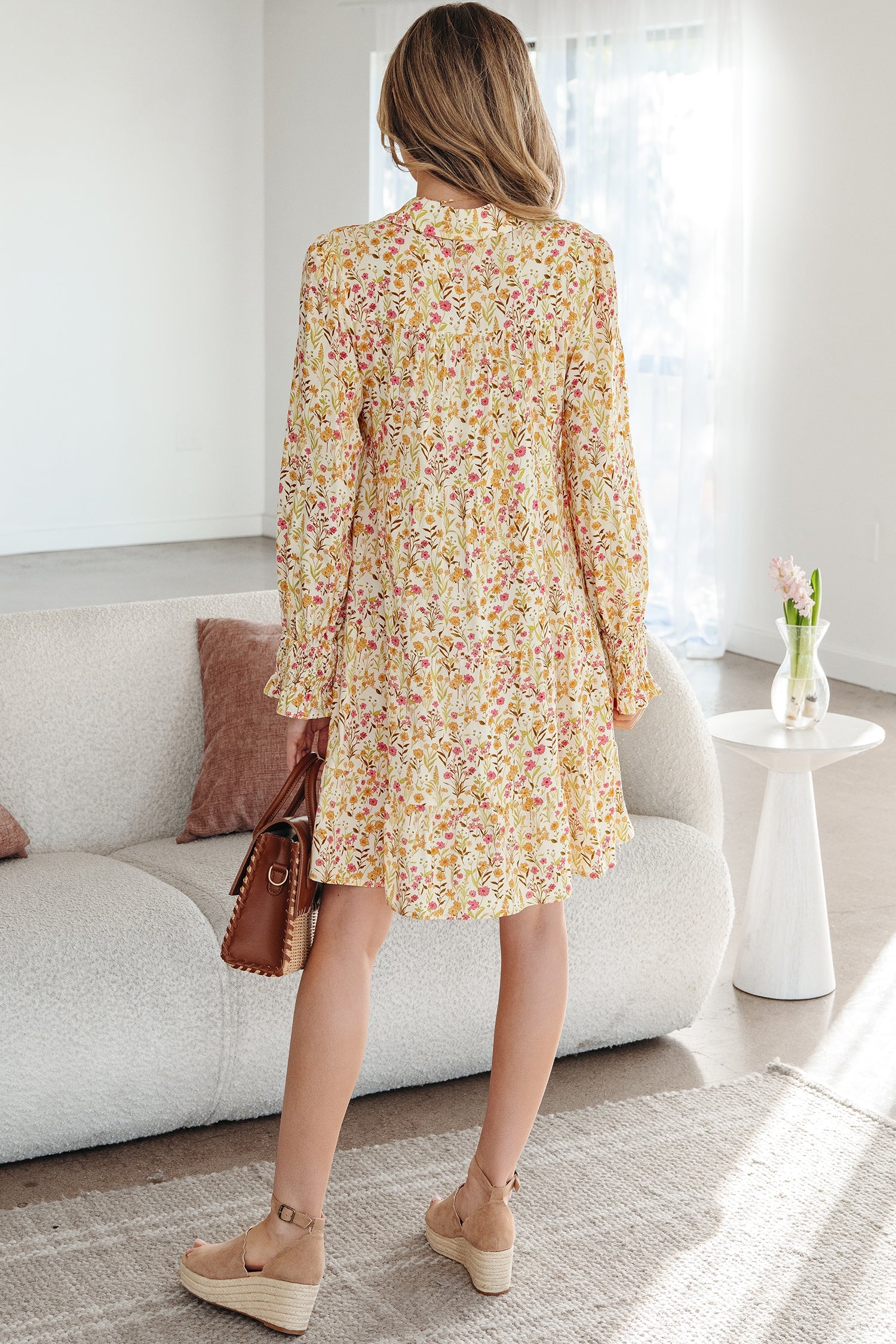 Yellow Floral Print Frilly Trim Smocked Cuff Long Sleeve Shirt Dress