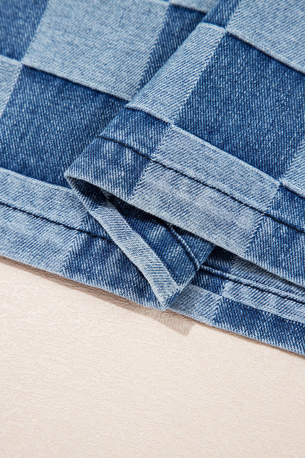 Sky Blue Checkerboard Zipped Collar Denim Hoodie