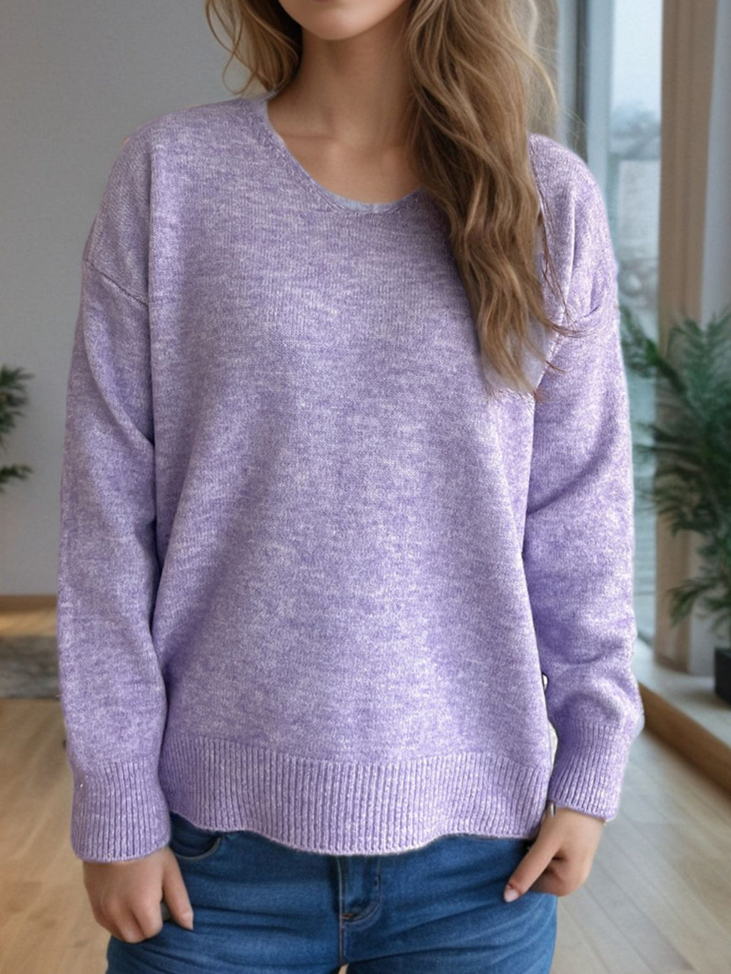 Women's V-Neck Dropped Shoulder Long Sleeve Knit Sweater - Image 21