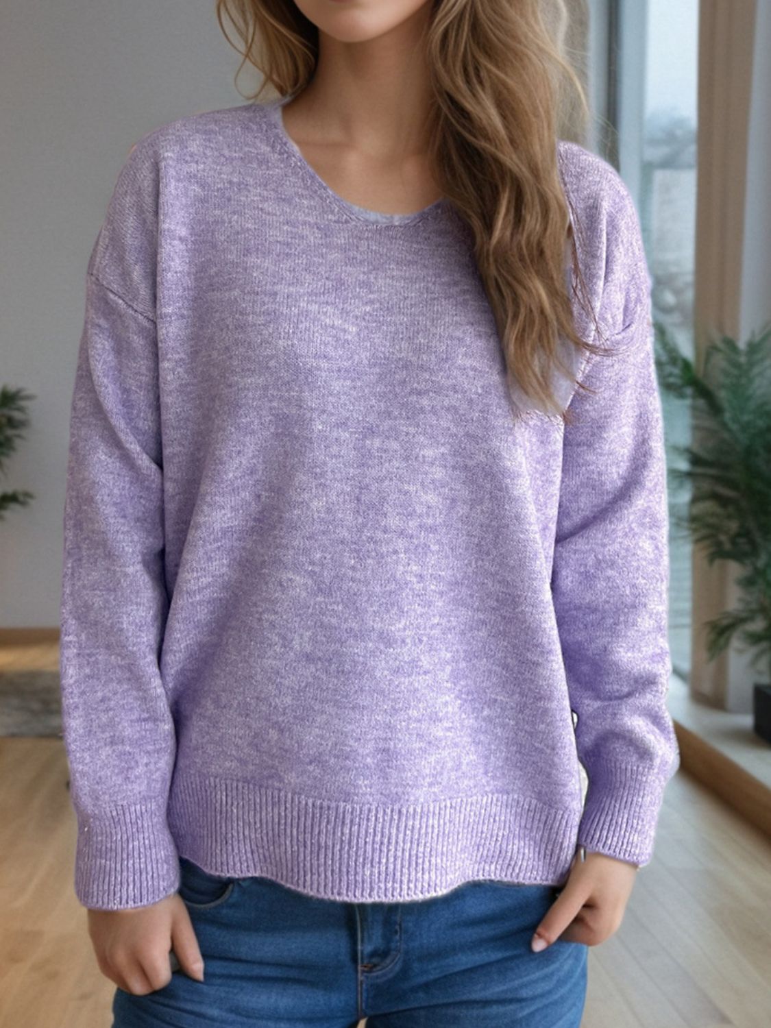Women's V-Neck Dropped Shoulder Long Sleeve Knit Sweater - Image 21