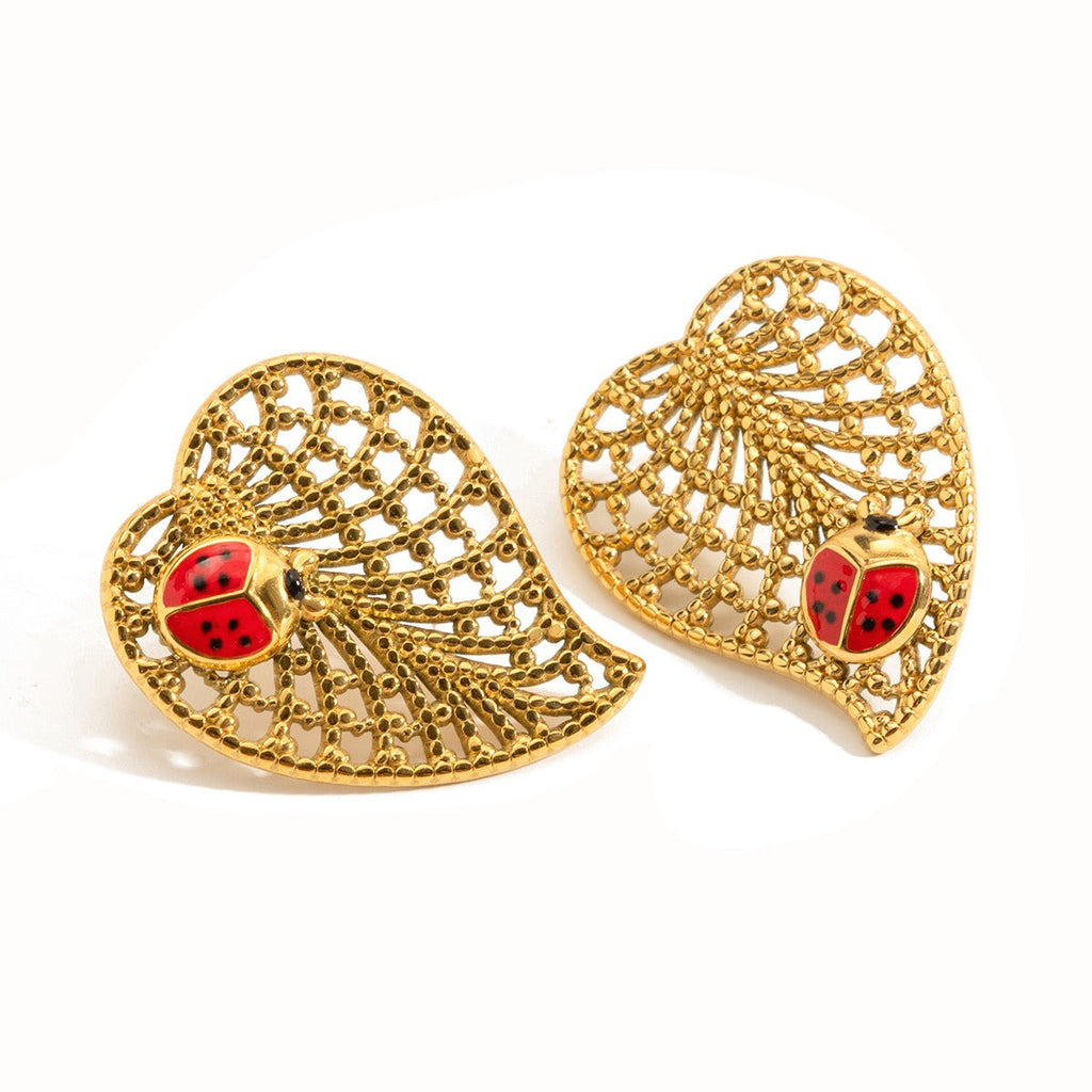 18K Gold Ladybug and Leaf Stud Earrings Nature-Inspired Jewelry