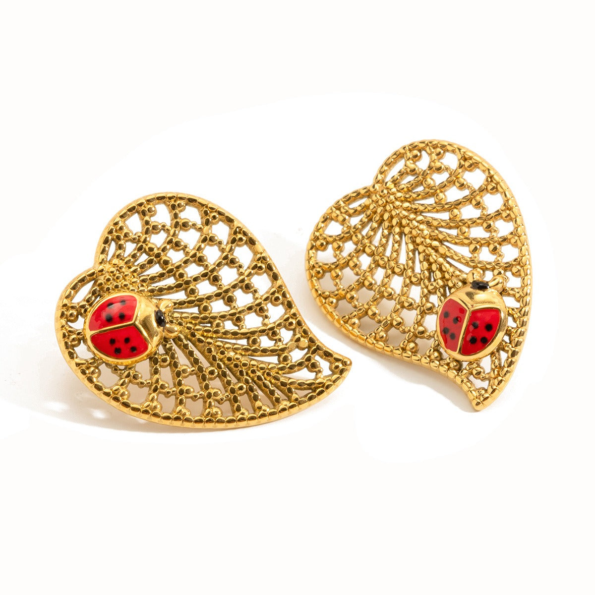 18K Gold Ladybug and Leaf Stud Earrings Nature-Inspired Jewelry