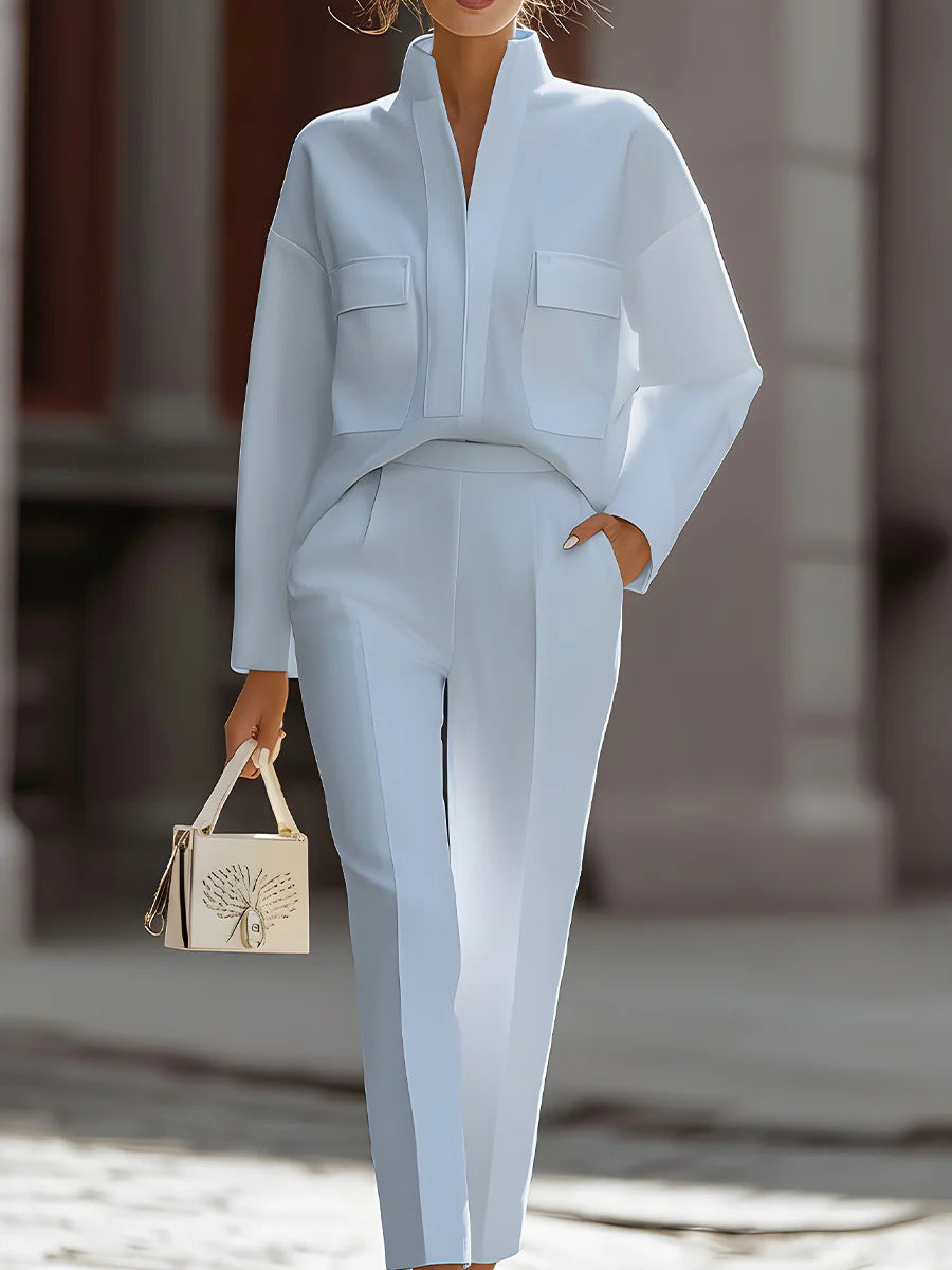 Women's White Long-Sleeve Pocket Top and Trouser Matching Set - Image 9