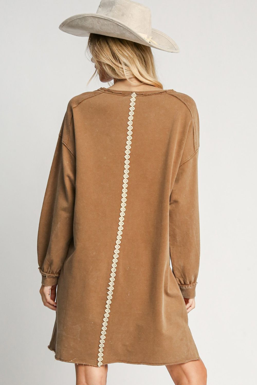 Lace Applique Frayed Hem French Terry Mini Dress in Brown