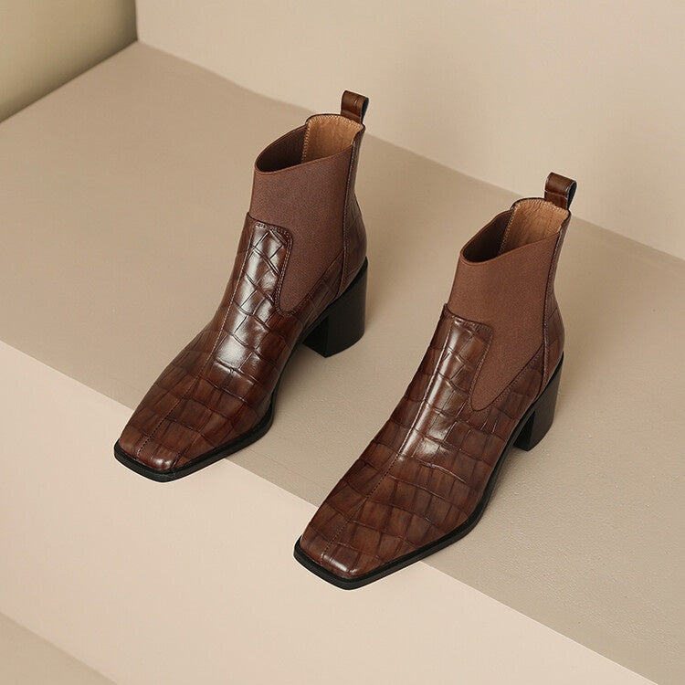 Brown Croc Embossed Square Toe Ankle Boots with Chunky Heel - Image 3