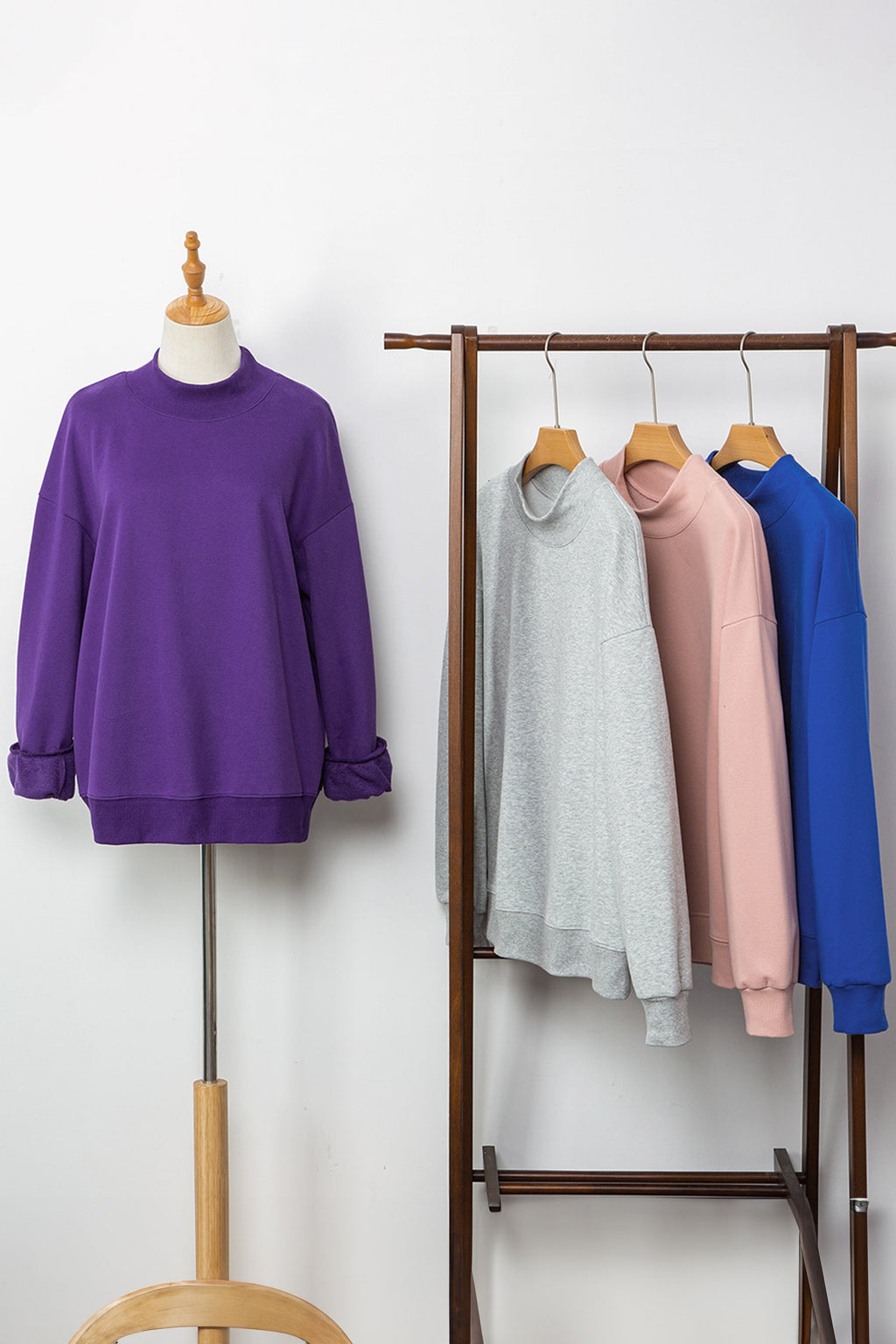 Dark Blue Solid Color Oversized Mock Neck Sweatshirt