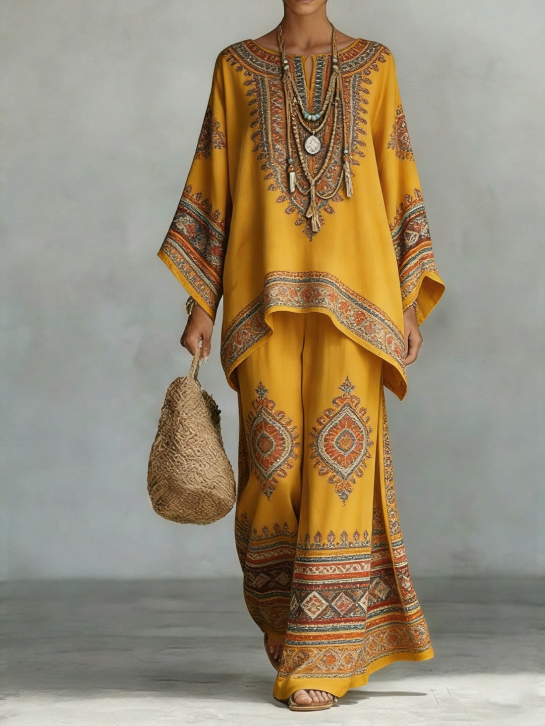 Women's Bohemian Printed Long Sleeve Top and Wide Leg Pant Set