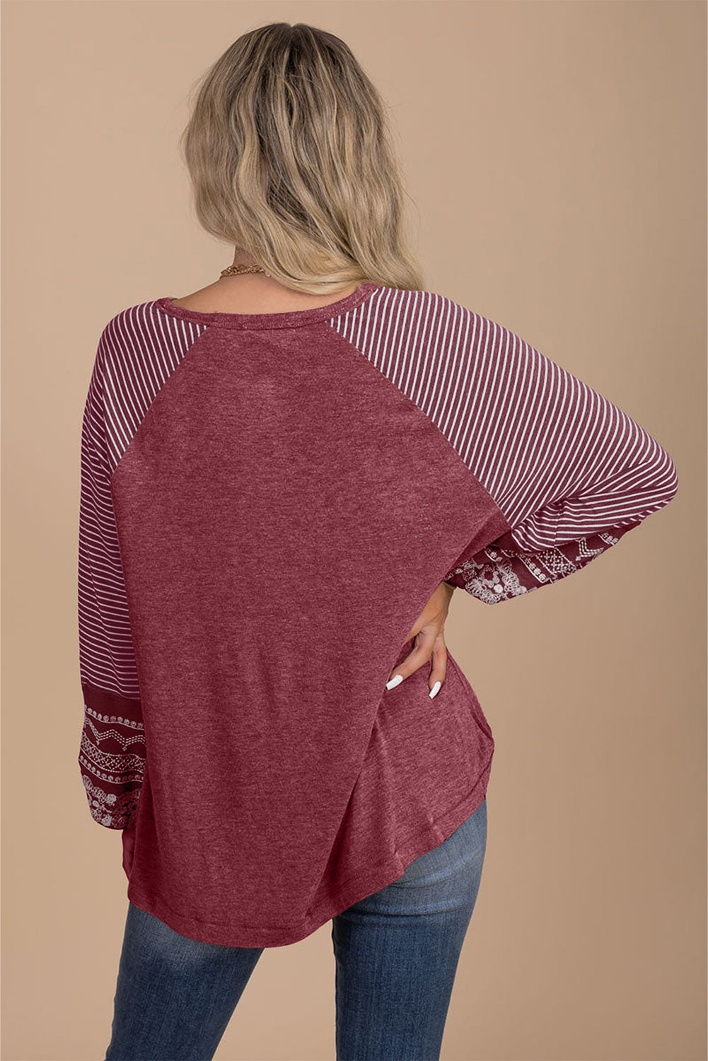Tillandsia Purple Contrast Print Striped Raglan Long Sleeve Loose Top