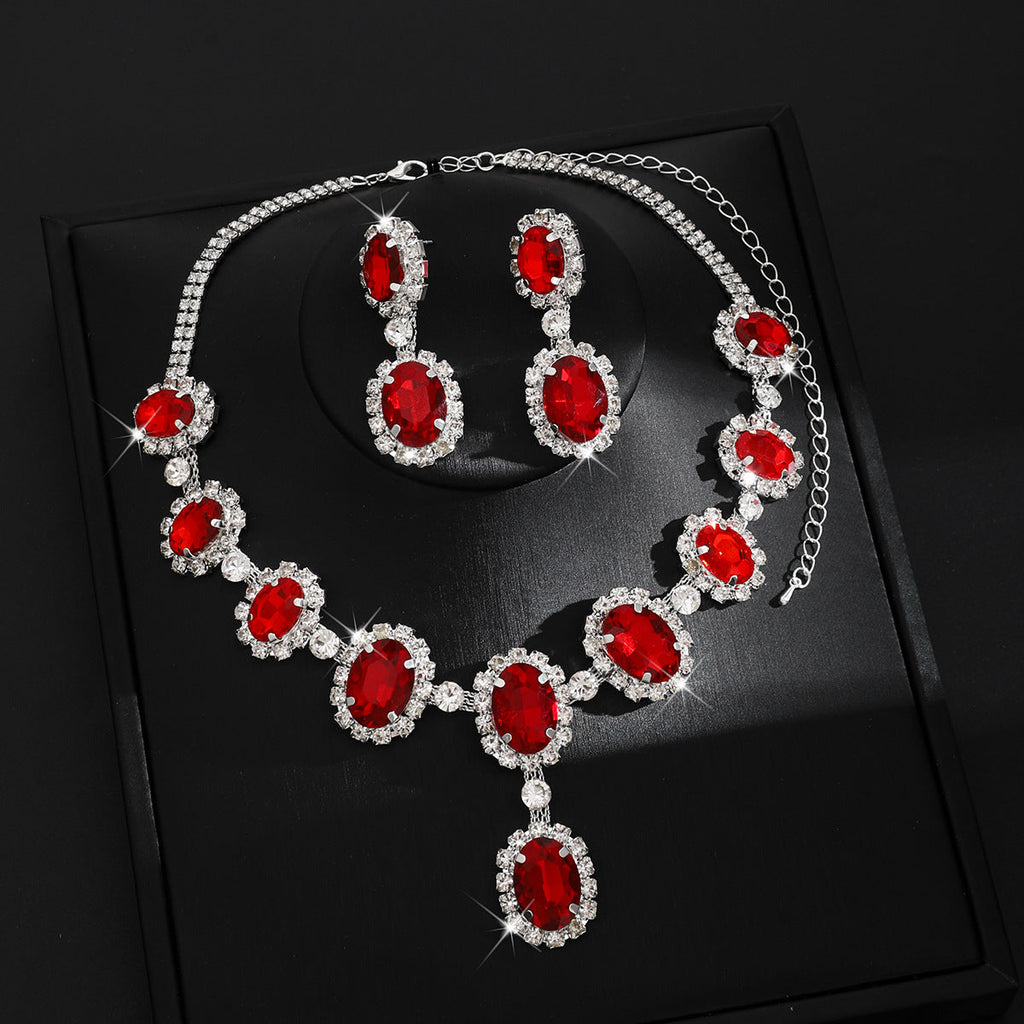 Autumn And Winter European And American Fashion Drop-Shaped Super Flash Elegant Set Chain Earrings Necklace Exaggerated Two-Piece Bridal Jewelry Wholesale