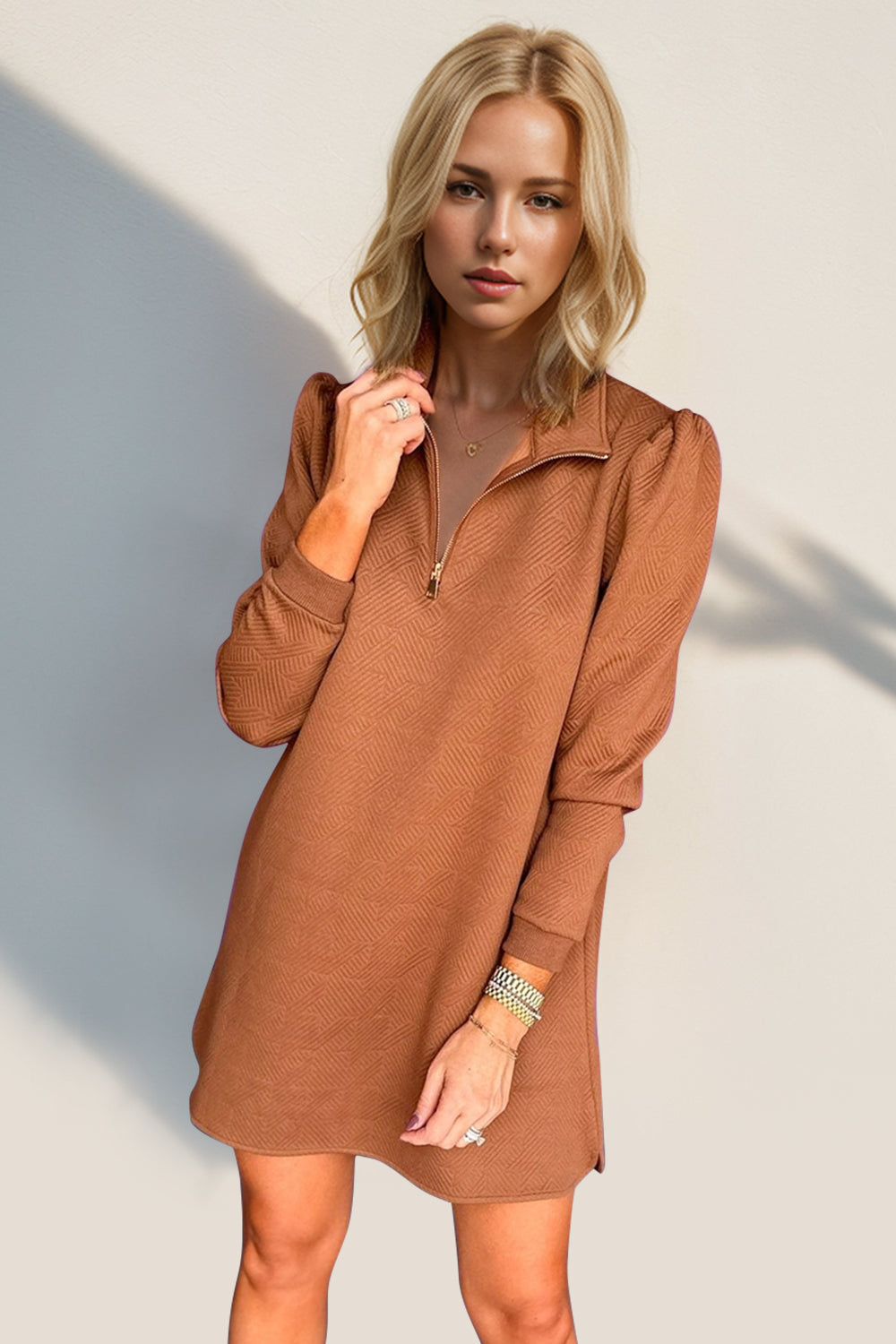 Textured Zip-Front Long Sleeve Dress - Elegant Women's Apparel