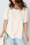 Haisley varsity sleeve loose tunic top in off-white, red, and navy-blue