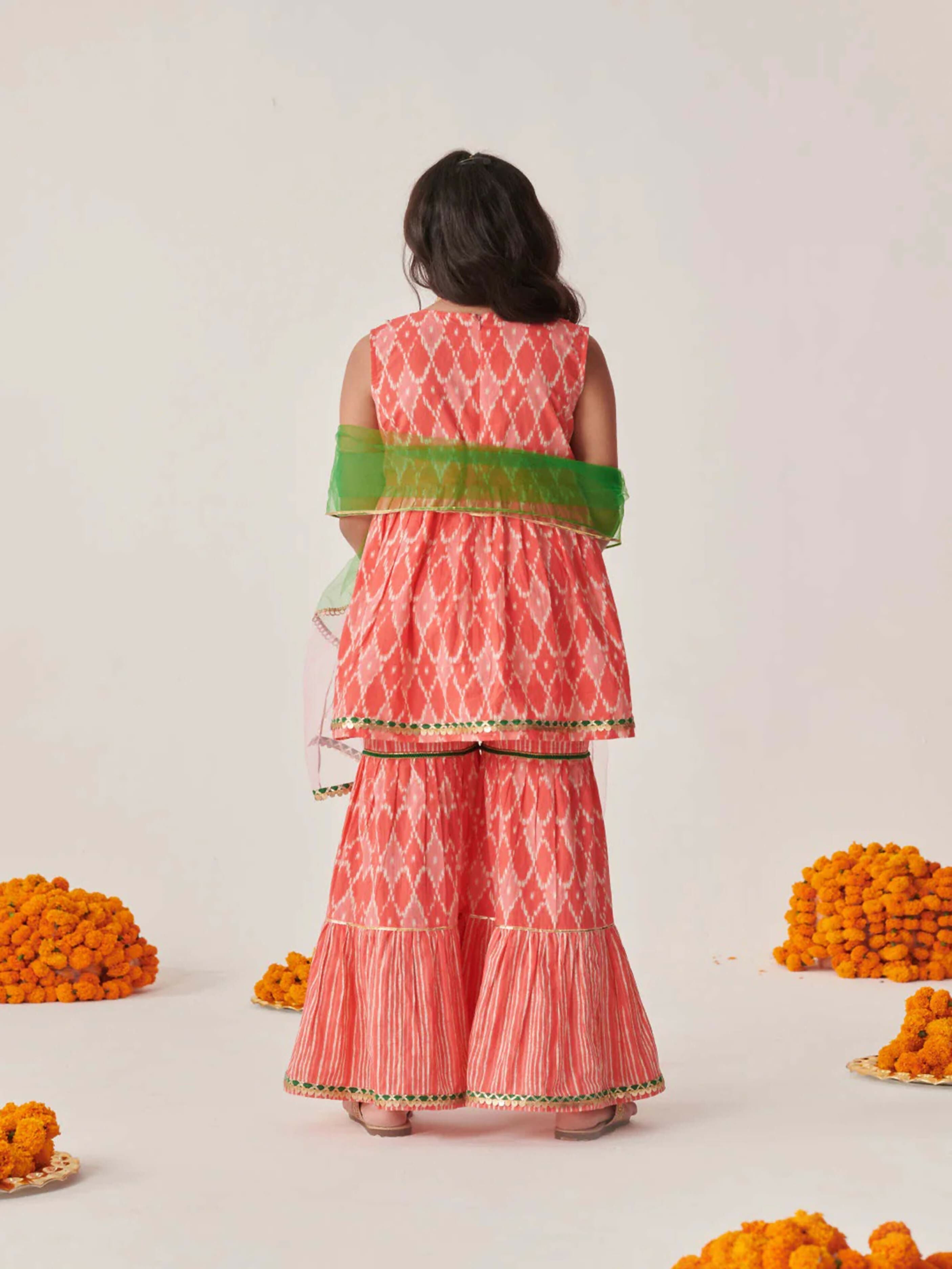 Girl's Peach Cotton Blend Sharara Set with Net Dupatta