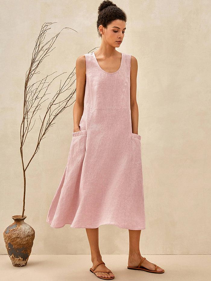 100% Linen Scoop Neck Swing Beach Maxi Dress - Sleeveless