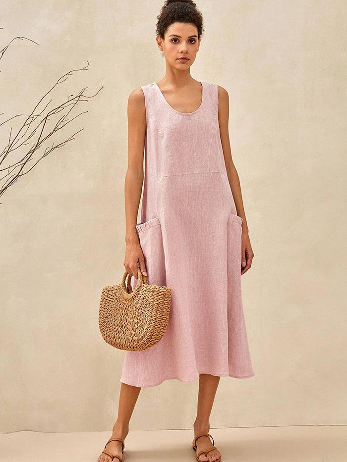 100% Linen Scoop Neck Swing Beach Maxi Dress - Sleeveless
