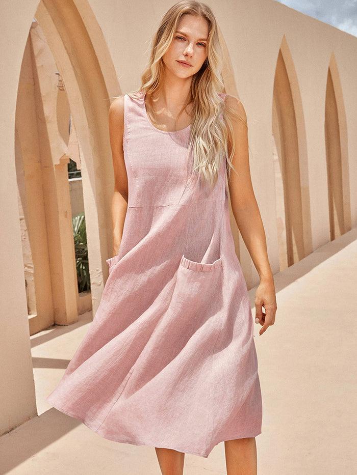 100% Linen Scoop Neck Swing Beach Maxi Dress - Sleeveless