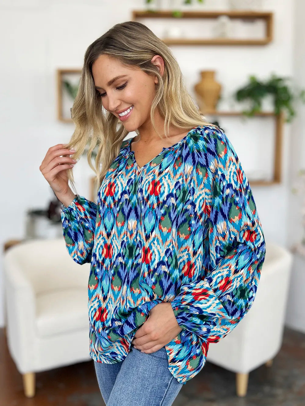 Printed Balloon Sleeve Blouse | Geometric V-Neck Chiffon Top